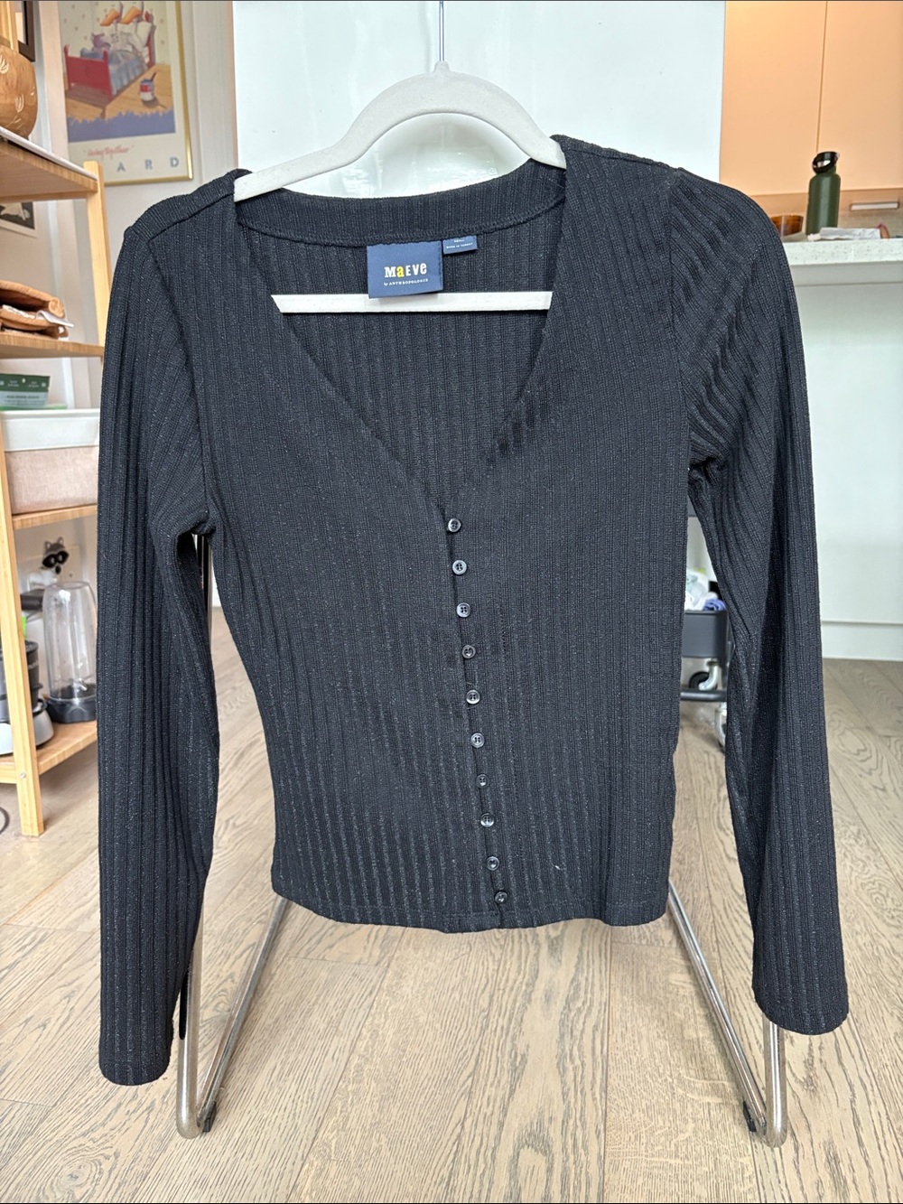 Maeve Black Ribbed V-Neck Button-Front Long Sleeve Top